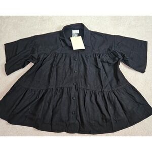 NWT Sabo Boho L Australian Ramie  Button Front Top Black Minimalist Oversized